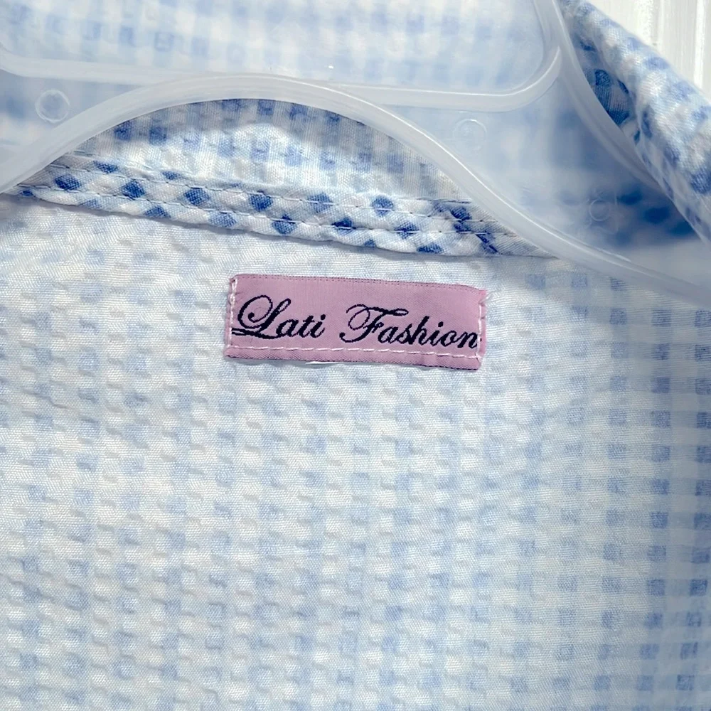 Lati Fashion Blue White Checker Embroidered Floral Nightgown Size L / XL